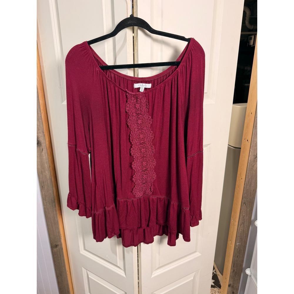 Fever Burgundy Crochet Lace Bell Sleeve Ruffle Blouse Top Plus Size 2X Boho